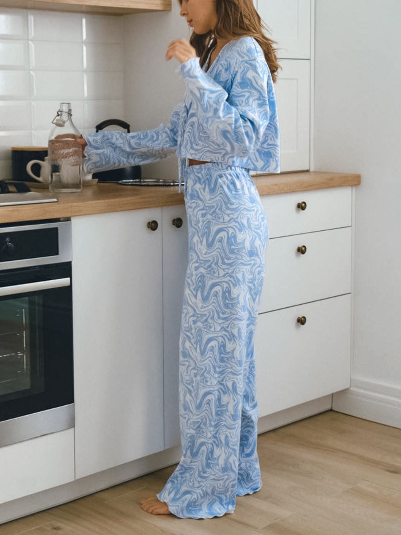 Tie Front Long Sleeve Top and Pants Lounge Set