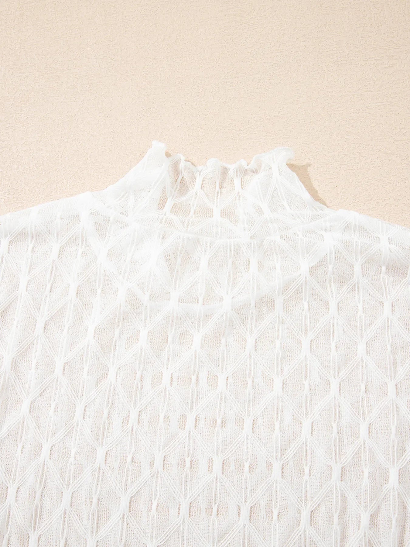 Sheer Mesh Patterned Lettuce Trim Slim Long Sleeve Top