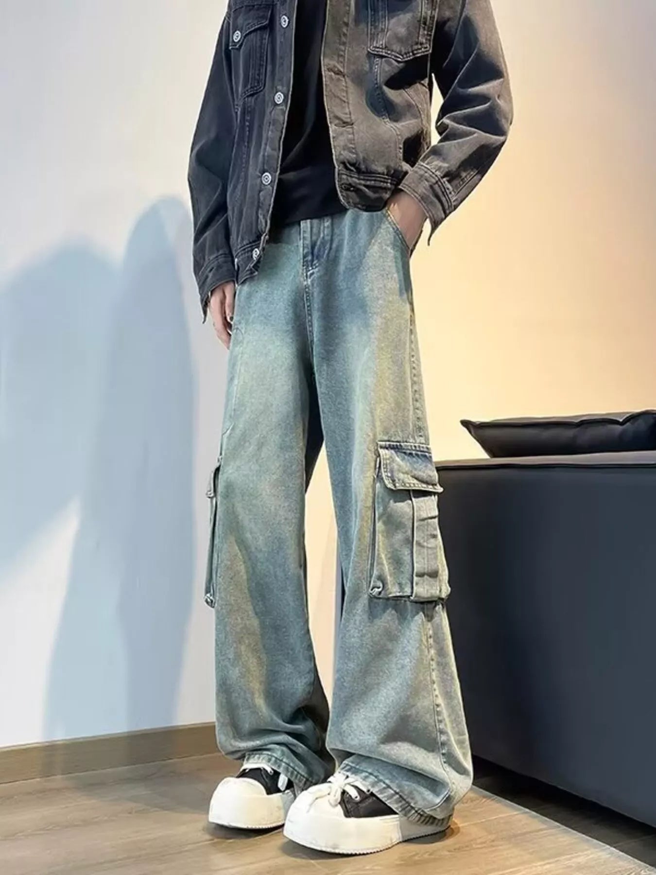 Men's Full Size Vintage Wash Wide Leg Jeans Plus Size