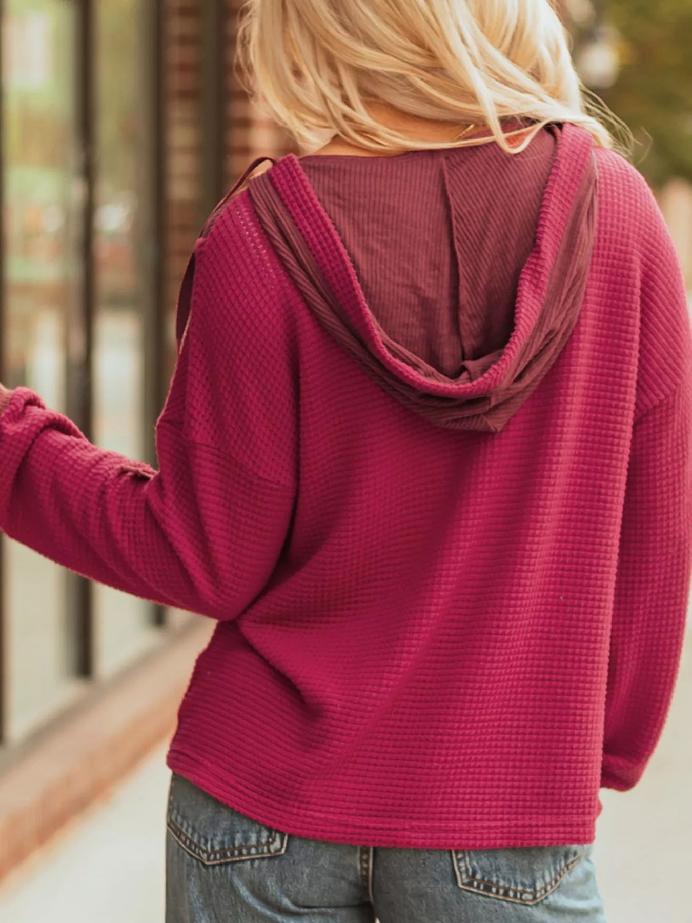 Waffle Knit Henley Sweatshirt with Button Detail