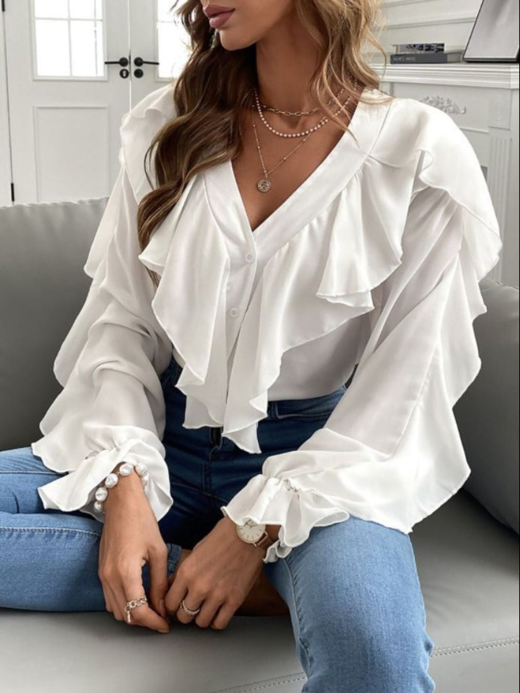 Full Size Ruffle Trim V-Neck Shirt Plus Size