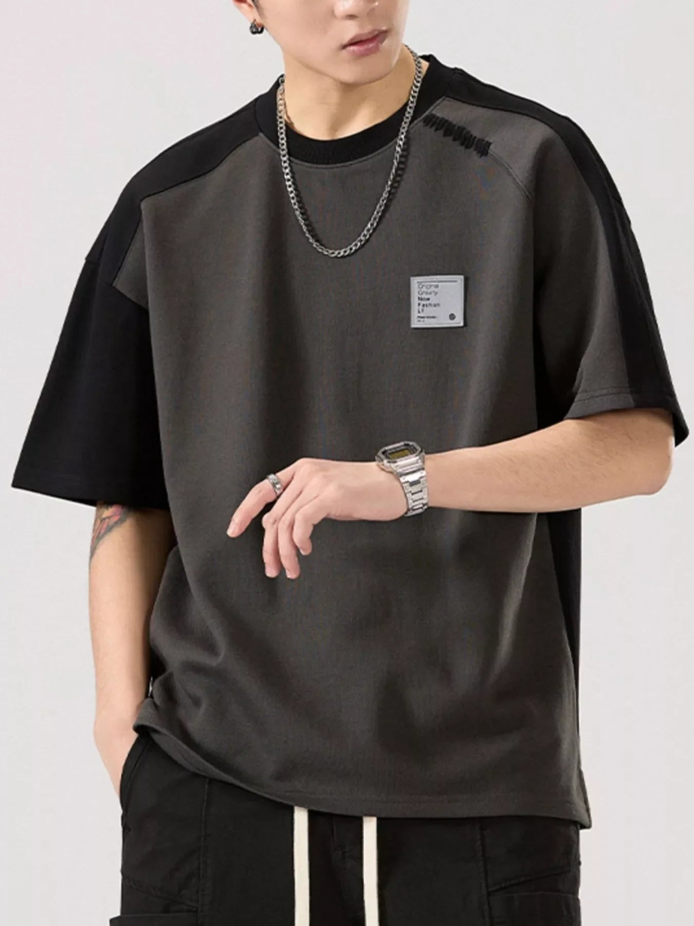 Men's Full Size Contrast Round Neck Short Sleeve T-Shirt Plus Size