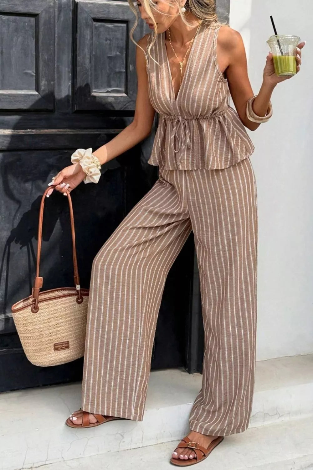 Striped Sleeveless Top and Wide Leg Pants Set