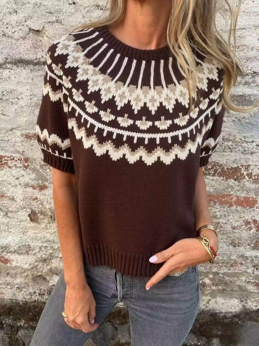 Vintage Patterned Short Sleeve Sweater