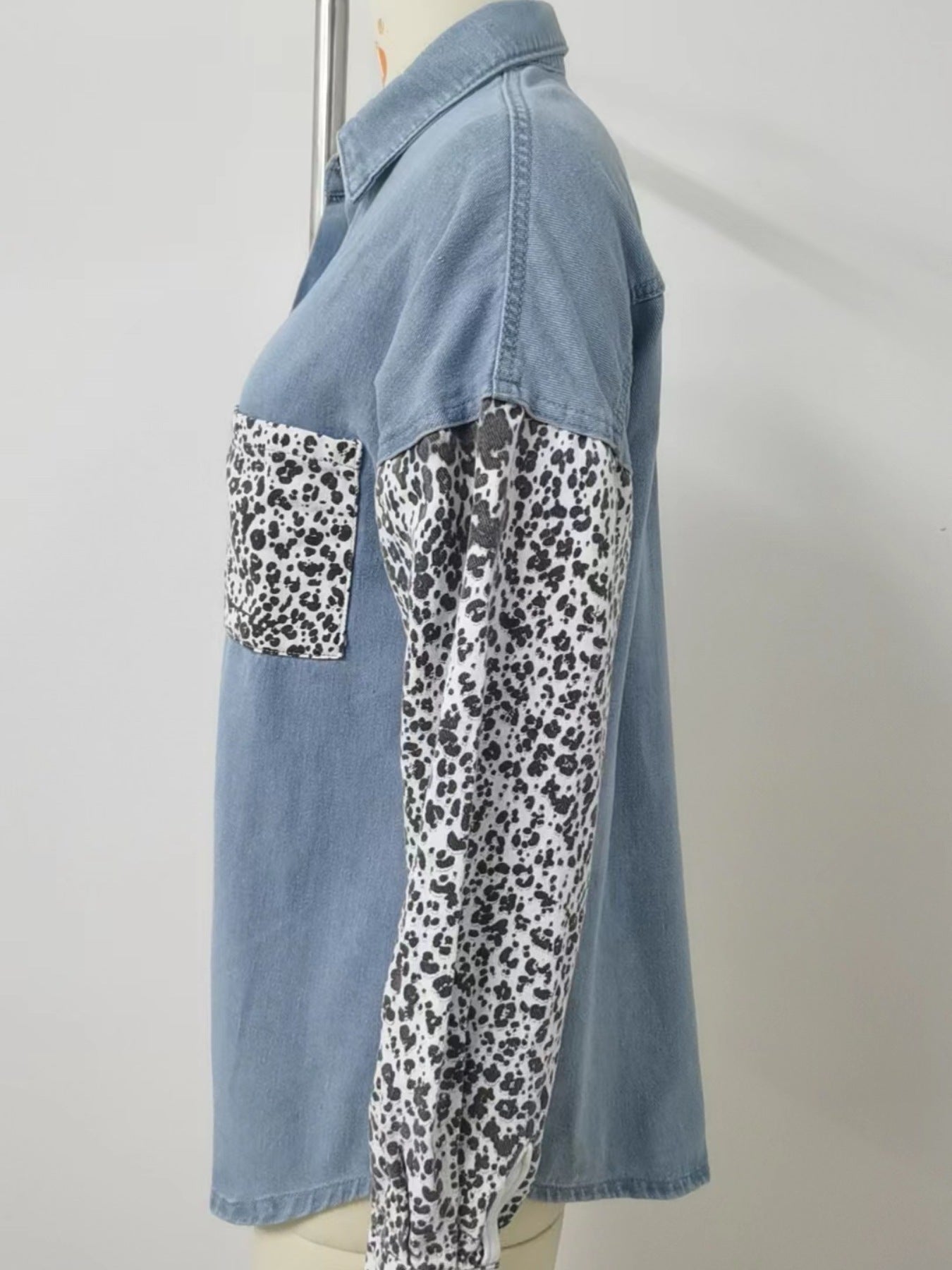 Leopard Patchwork Button Up Denim Shirt
