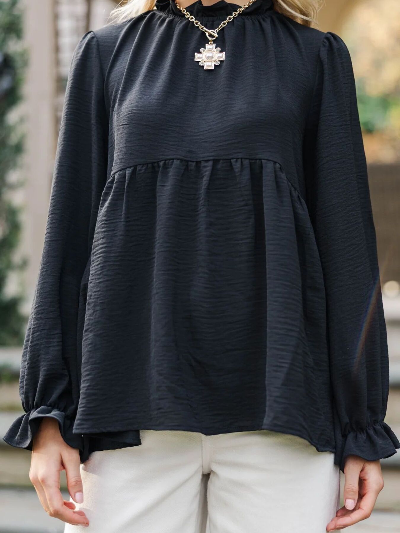 Frill Mock Neck Flounce Sleeve Blouse