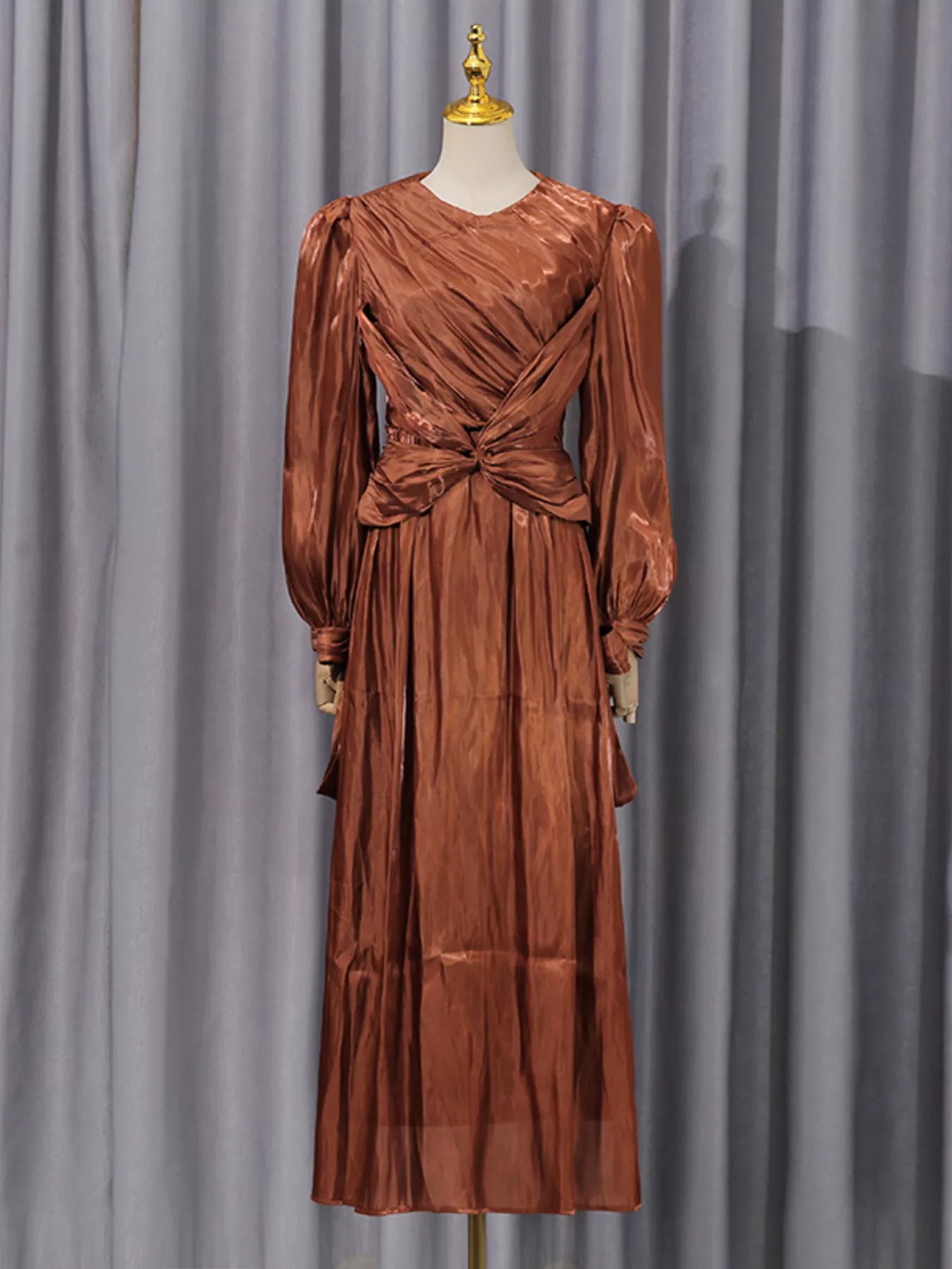 Front Twisted Draped Long Sleeve Maxi Dress
