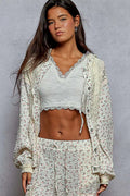 POL Floral Balloon Sleeve Hooded Lace Jacket with Stitch Detail