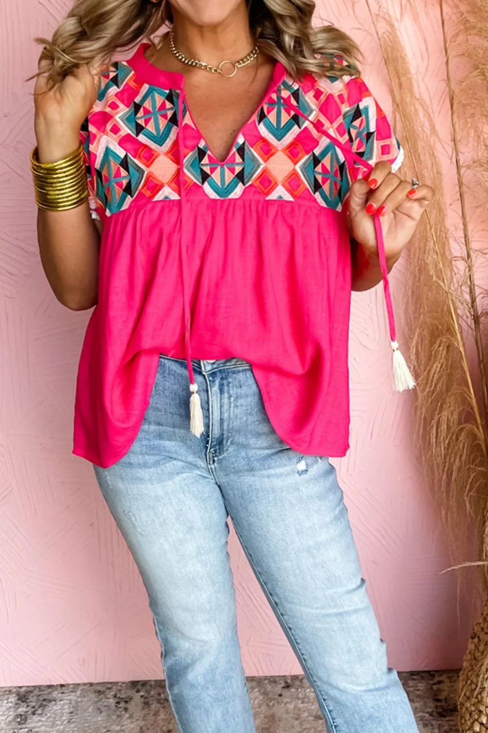 Geometric Embroidered Tassel Tie Neck Blouse