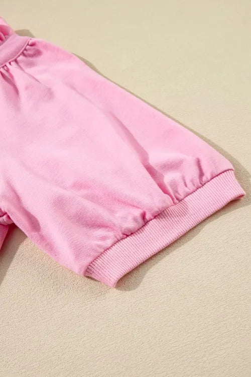 Half Zip Puff Sleeve Top and Ruffled Shorts Set