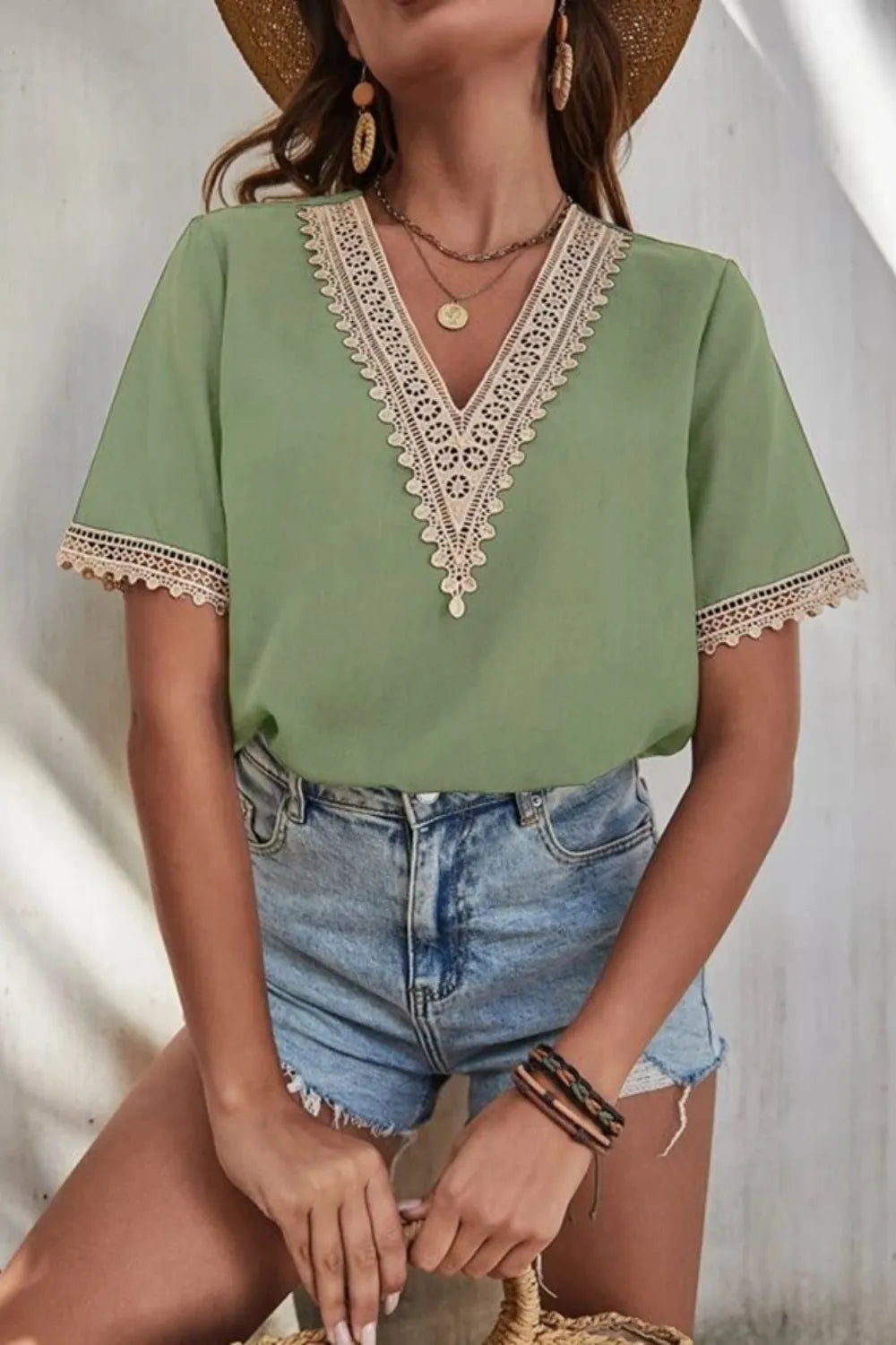Full Size Lace Detail V-Neck Short Sleeve Blouse Plus Size