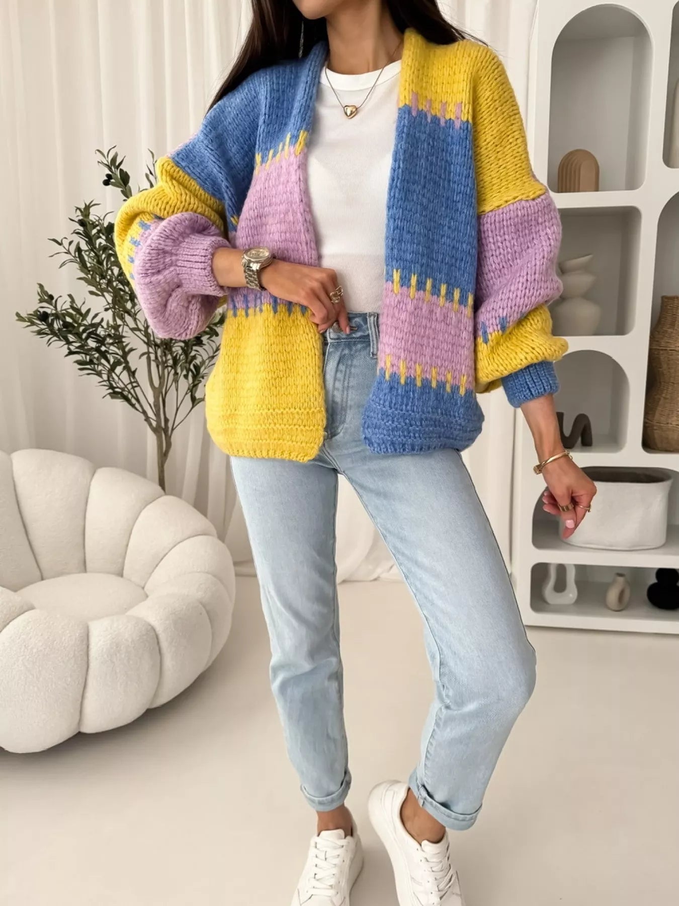 Color Block Open Front Cardigan