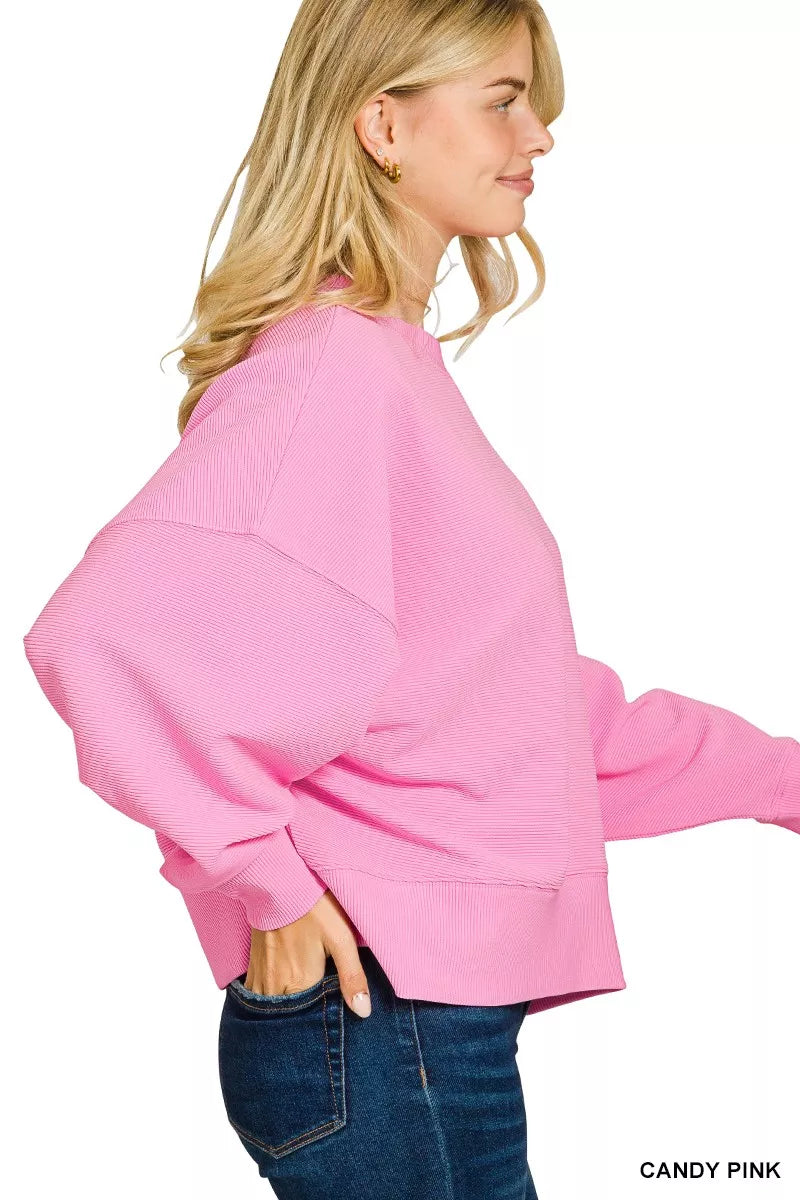 Zenana Ribbed Round Neck Pullover and Shorts Set