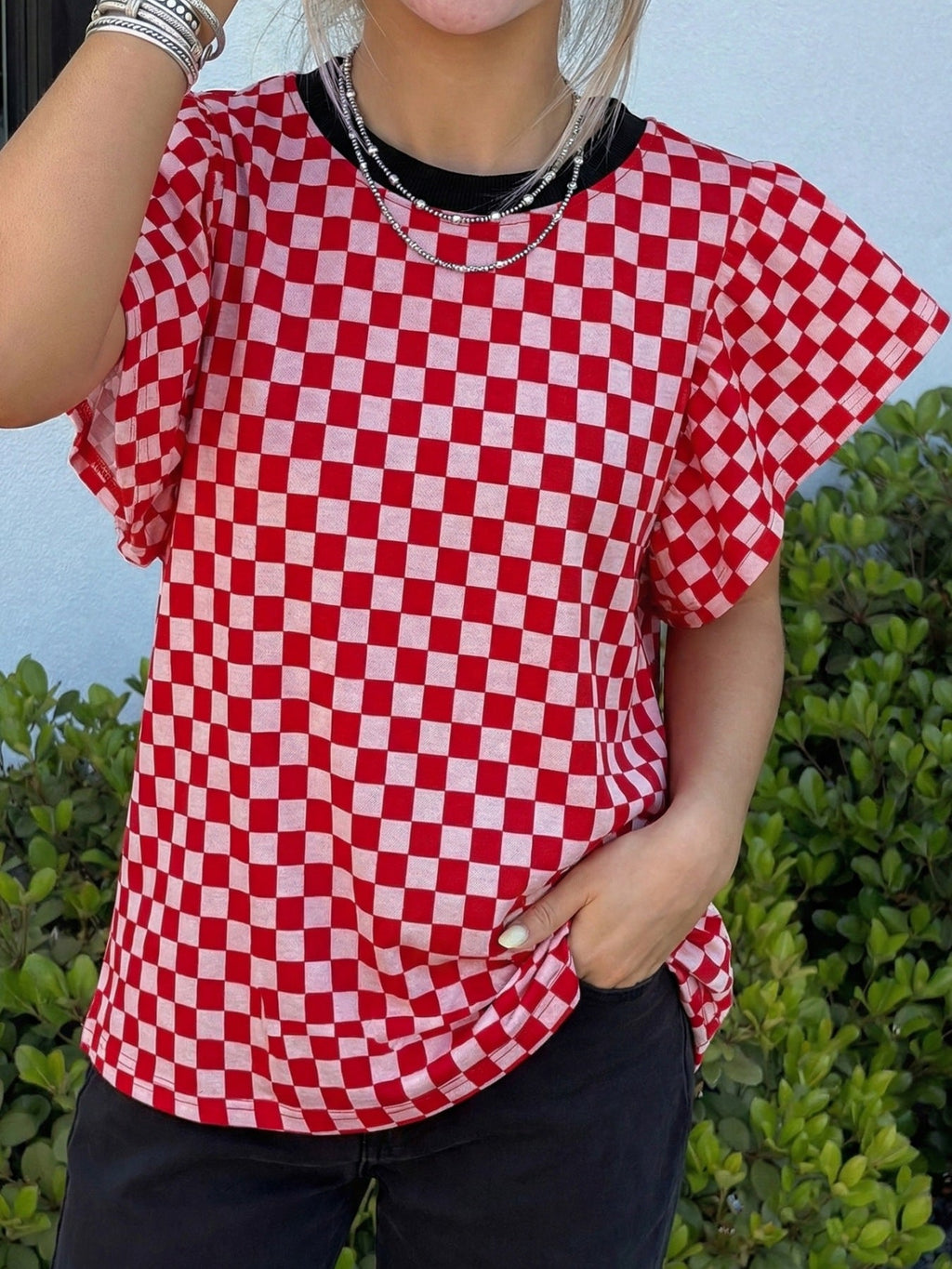 Checkered Print Ruffle Cap Sleeve Contrast Trim Round Neck Top