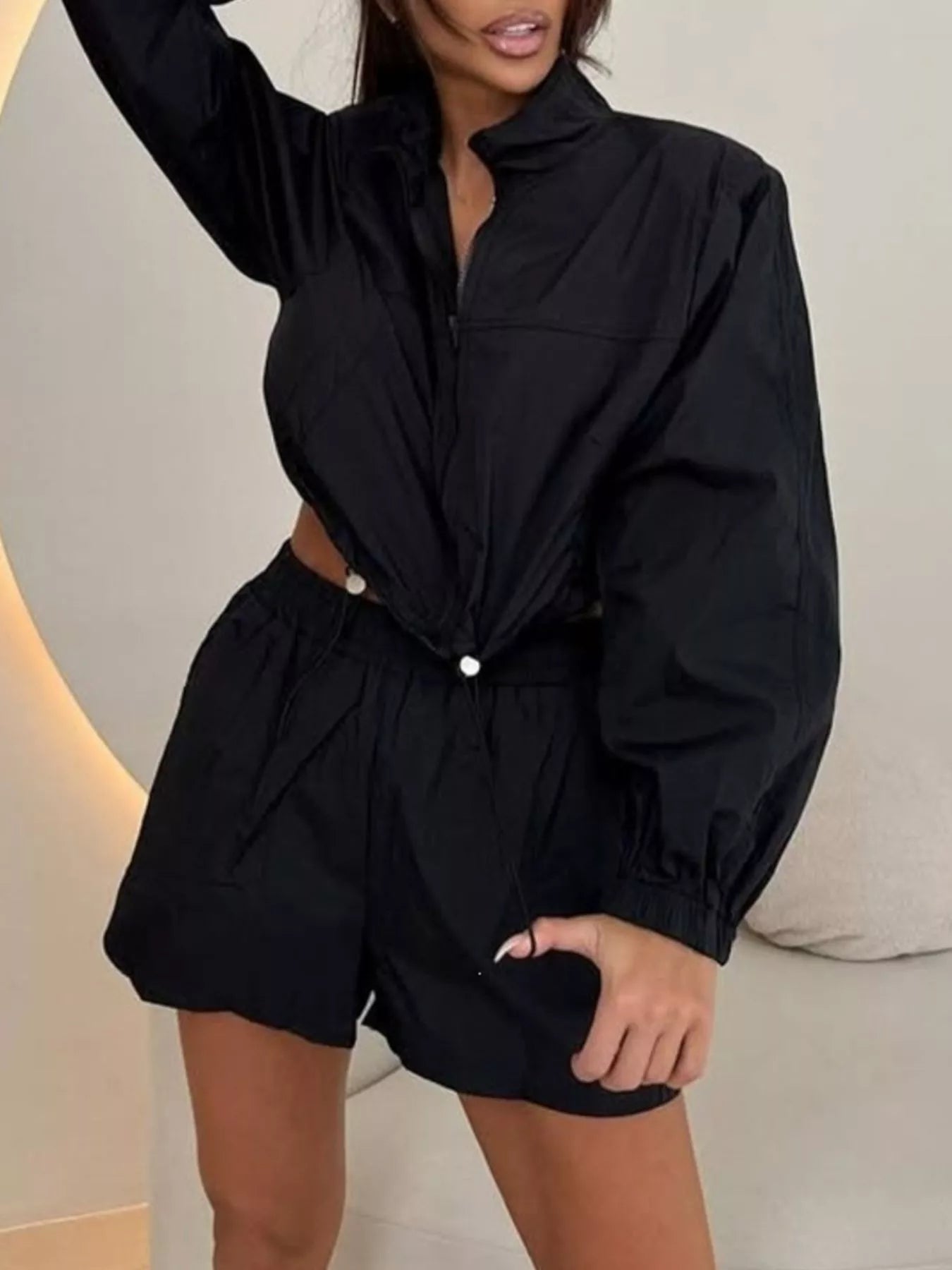 Zip Up Long Sleeve Outerwear and Shorts Set