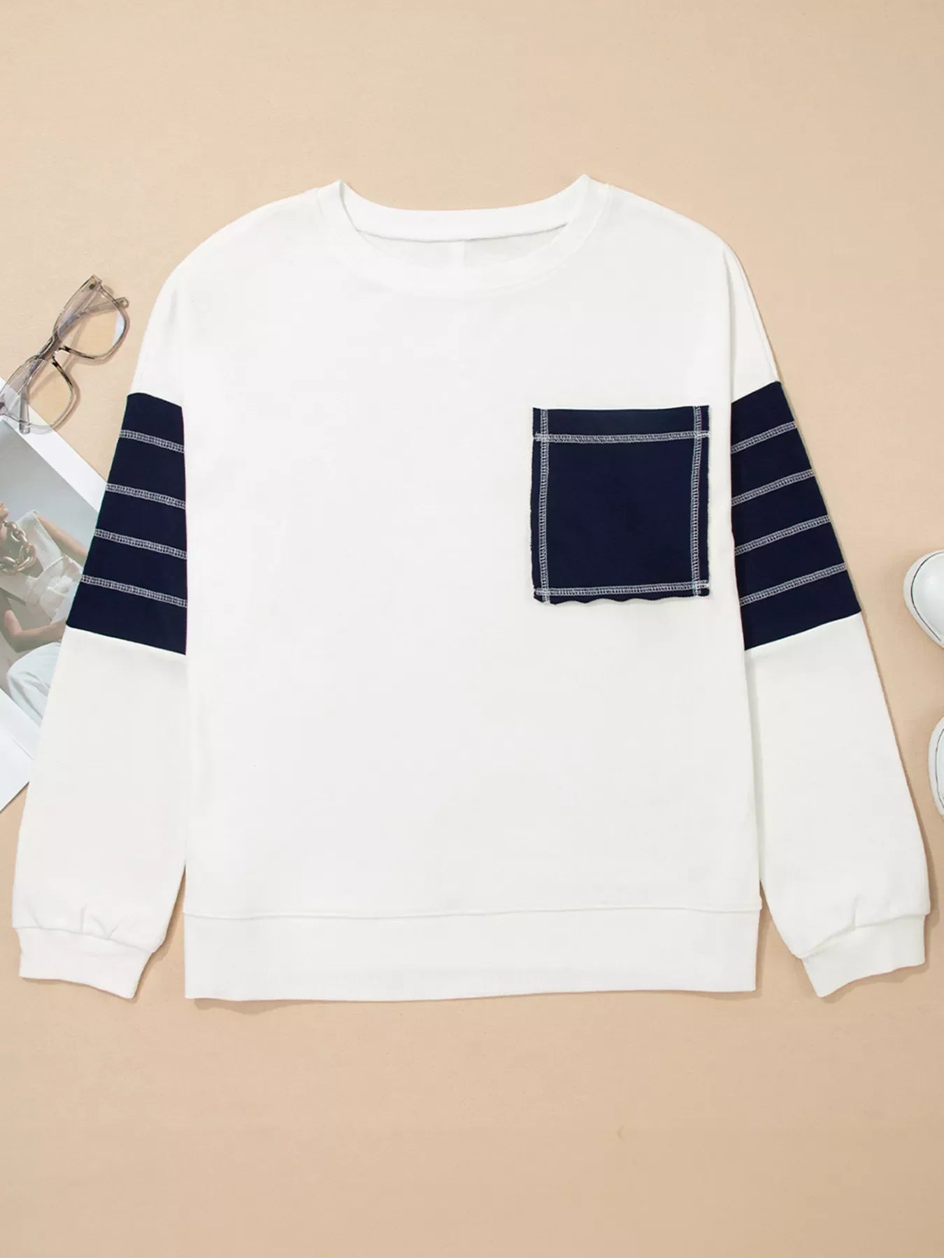 Exposed Seam Detail Color Block Patch Pocket Drop Shoulder Sweatshirt