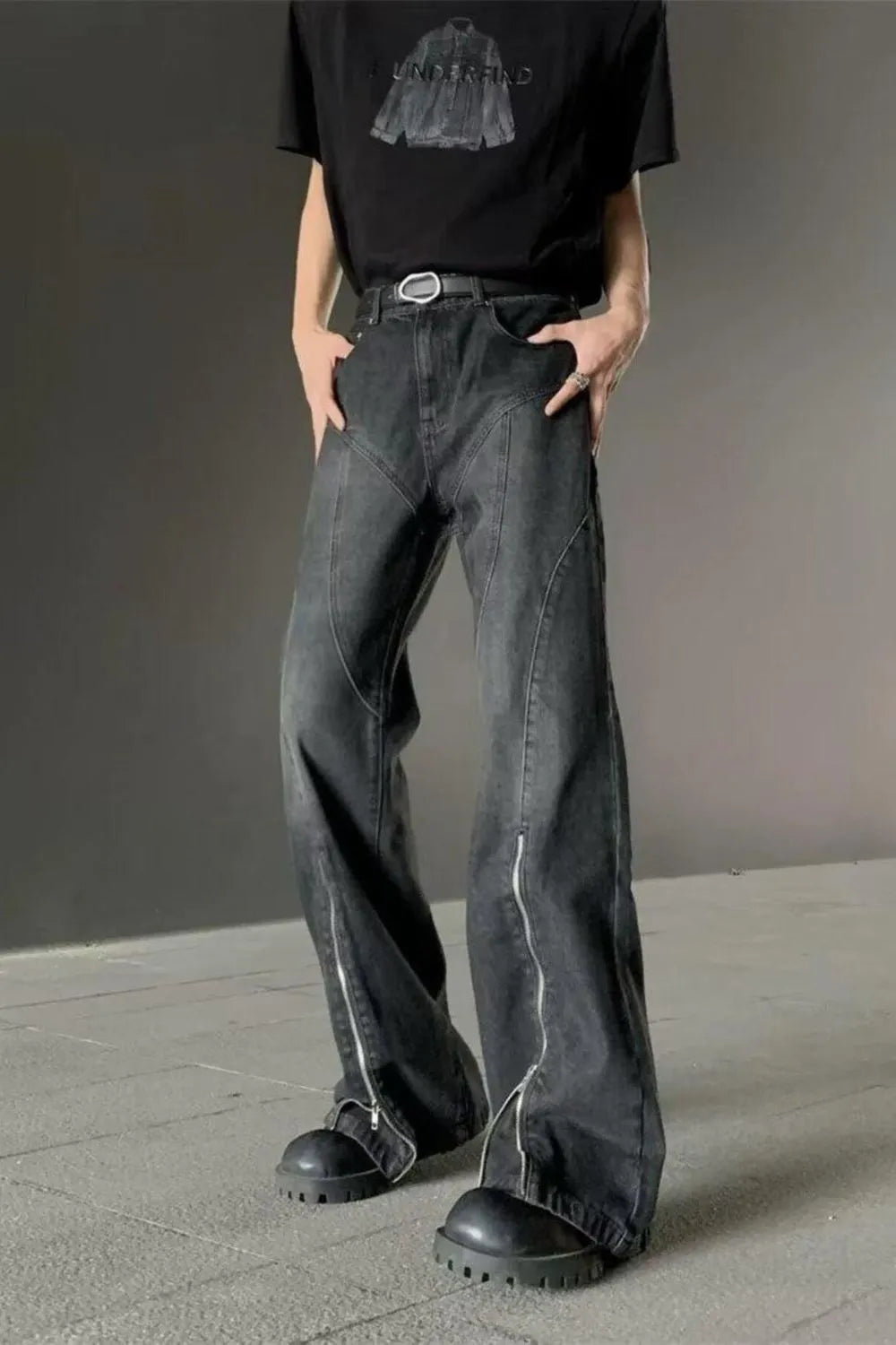 Men's Plus Size Washed Flare Jeans with Zipper Detail
