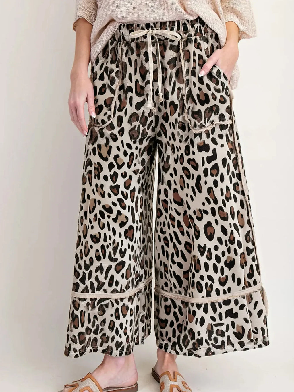 Leopard Print Wide Leg Drawstring Pants