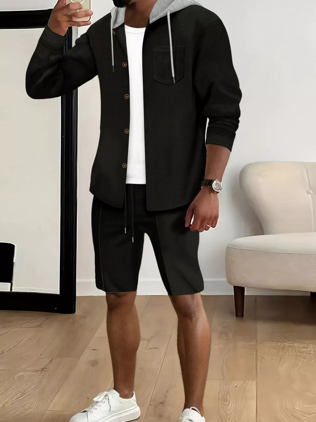 Men's Full Size Casual Hooded Button-Up Top and Shorts Set Plus Size