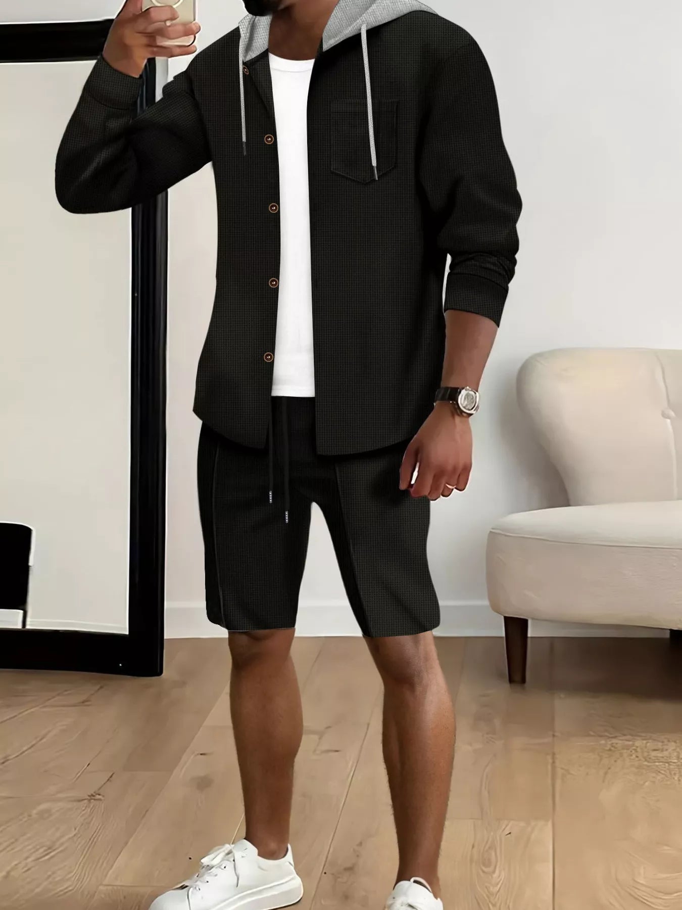Men's Full Size Casual Hooded Button-Up Top and Shorts Set Plus Size