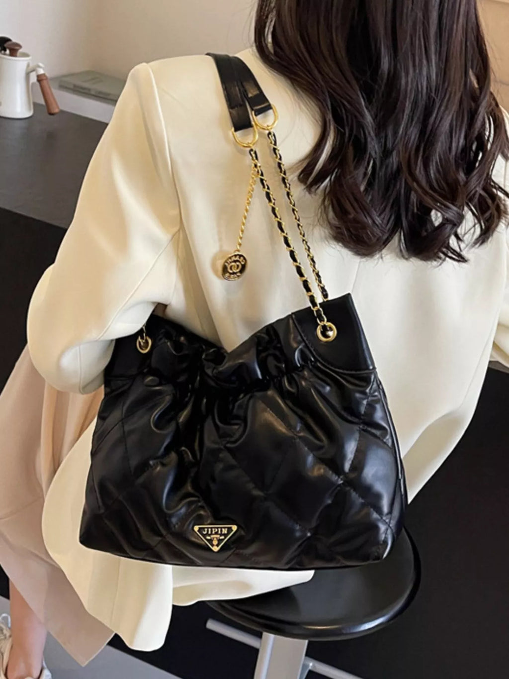 Ruched Leather Shoulder Bag
