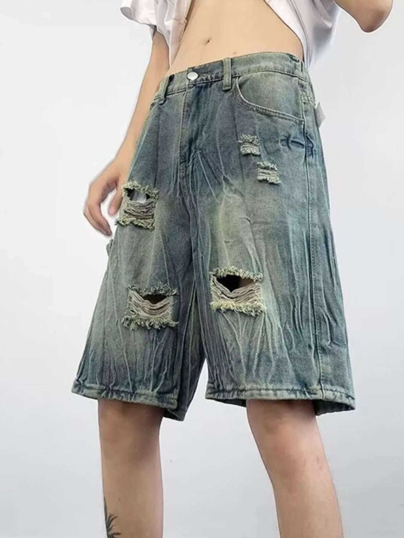 Men's Plus Size Distressed Wide Leg Denim Shorts