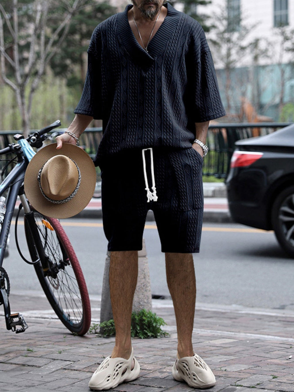 Men's Full Size Casual Knit V-Neck Short Sleeve Top and Shorts Set Plus Size