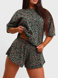 Leopard Print Relaxed Fit Tee and Shorts Lounge Set