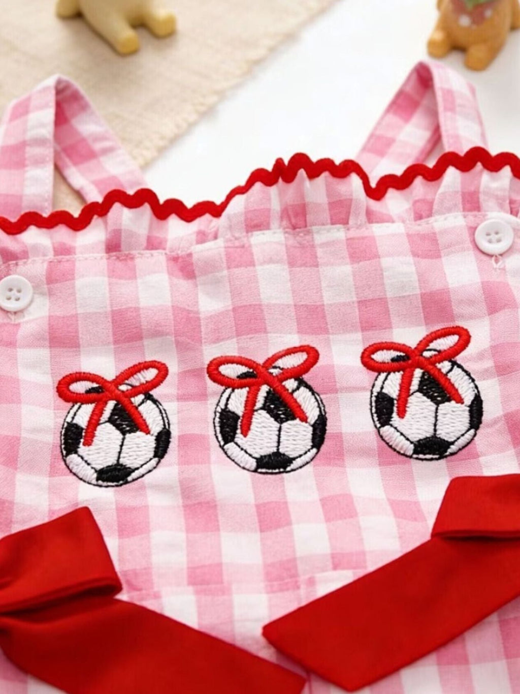 Children's Gingham Soccer Ball Embroidered Ruffle Hem Jumpsuit