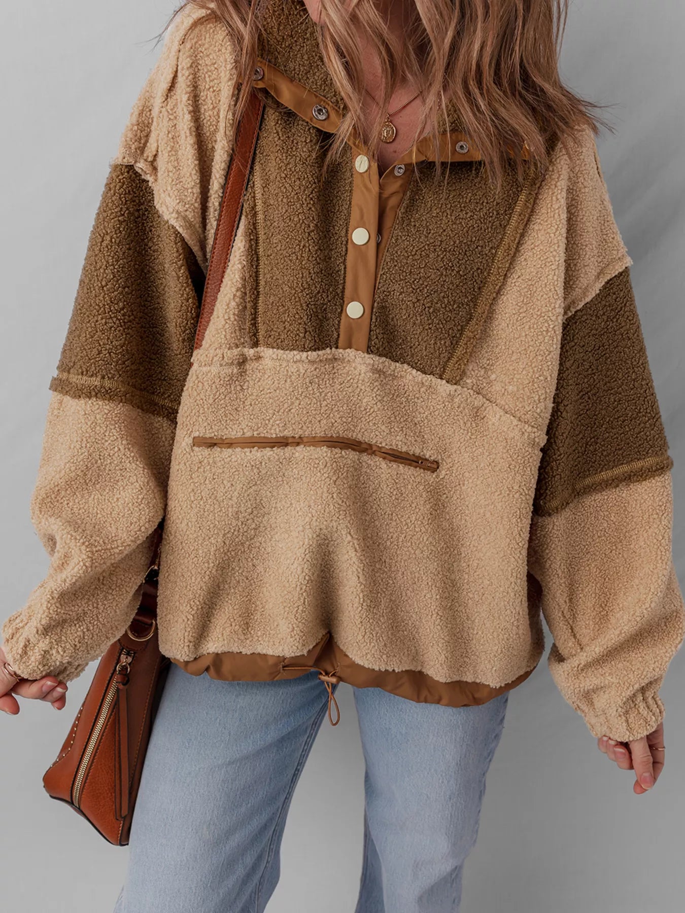 Color Block Patchwork Half Button Sherpa Sweatshirt