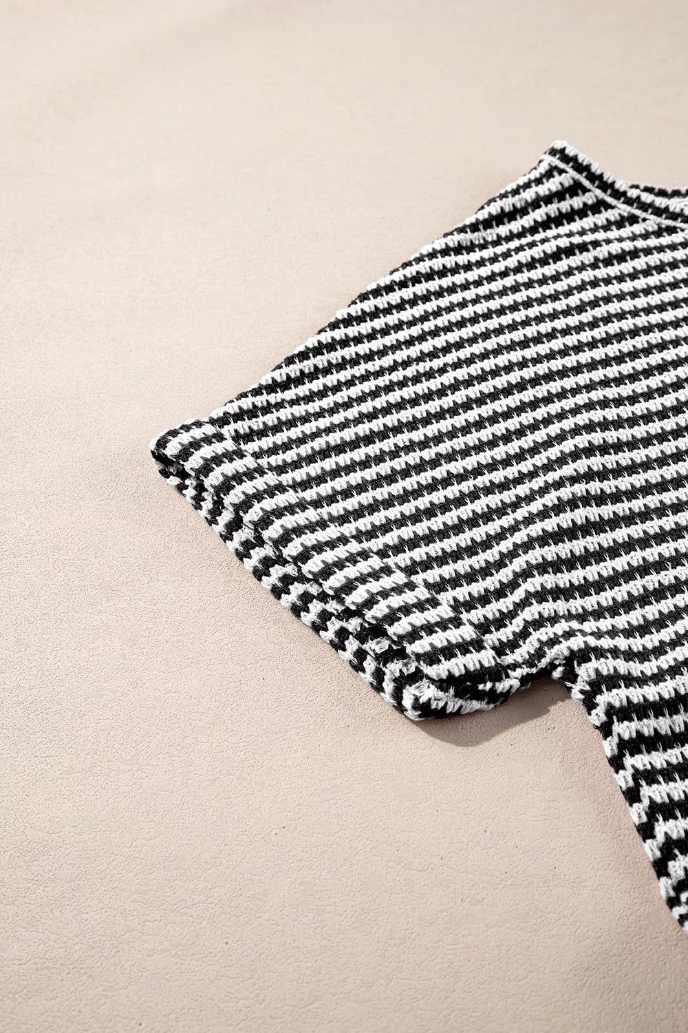 Stripe Textured Knit Notched Neck Cuffed Short Sleeve Top