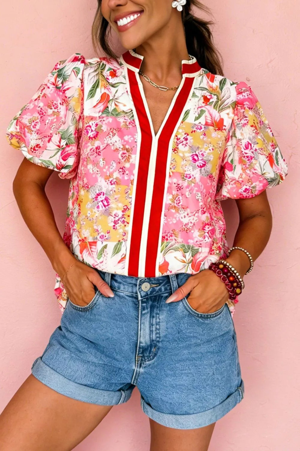 Contrast Collared V Neck Short Sleeve Floral Blouse