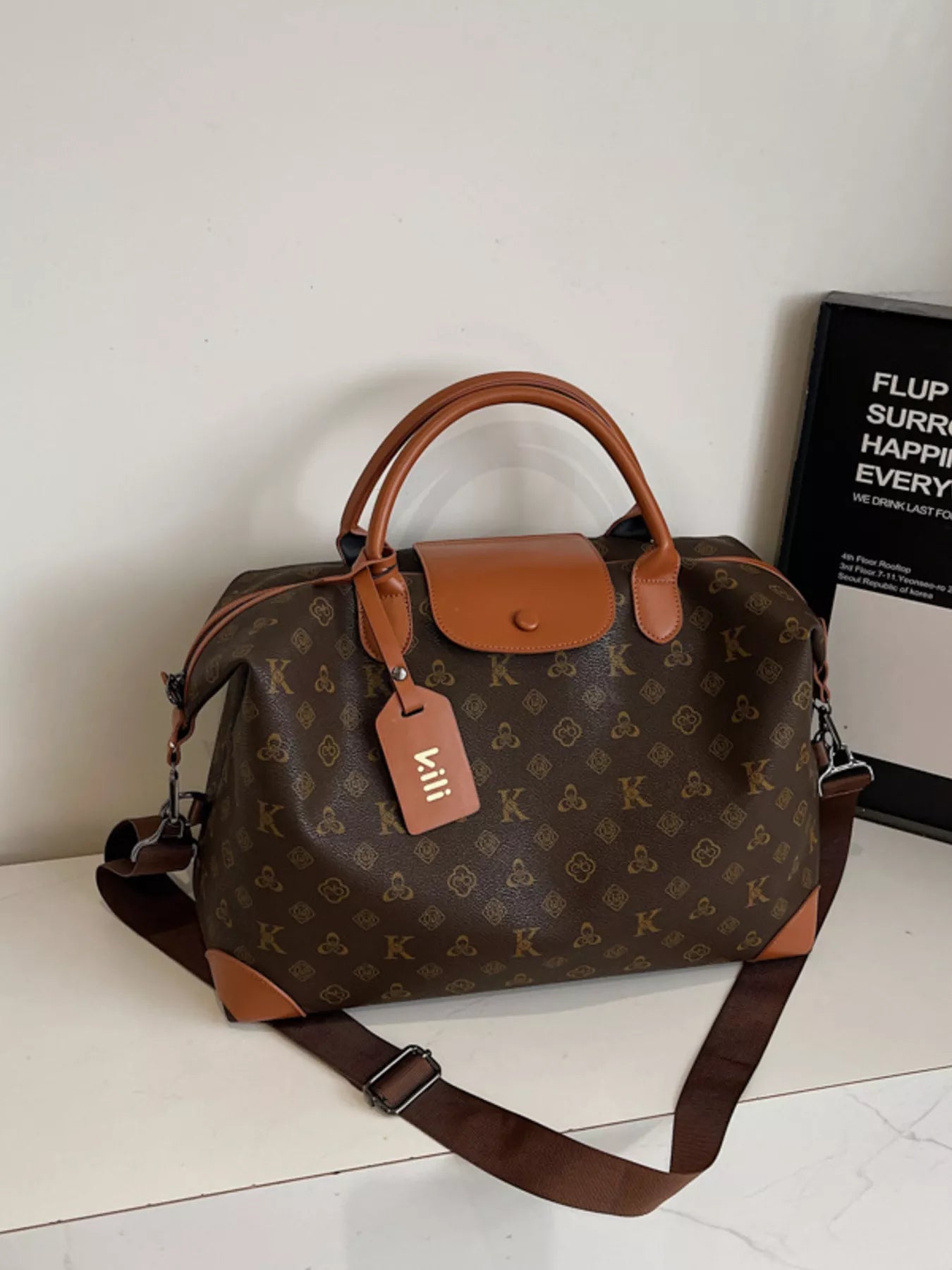 Patterned Leather Trim Crossbody Bag