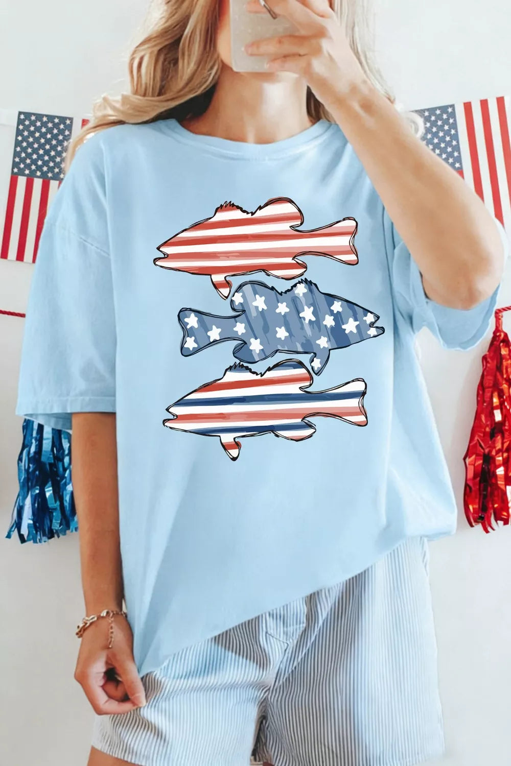 Patriotic Fish Graphic Short Sleeve T-Shirt