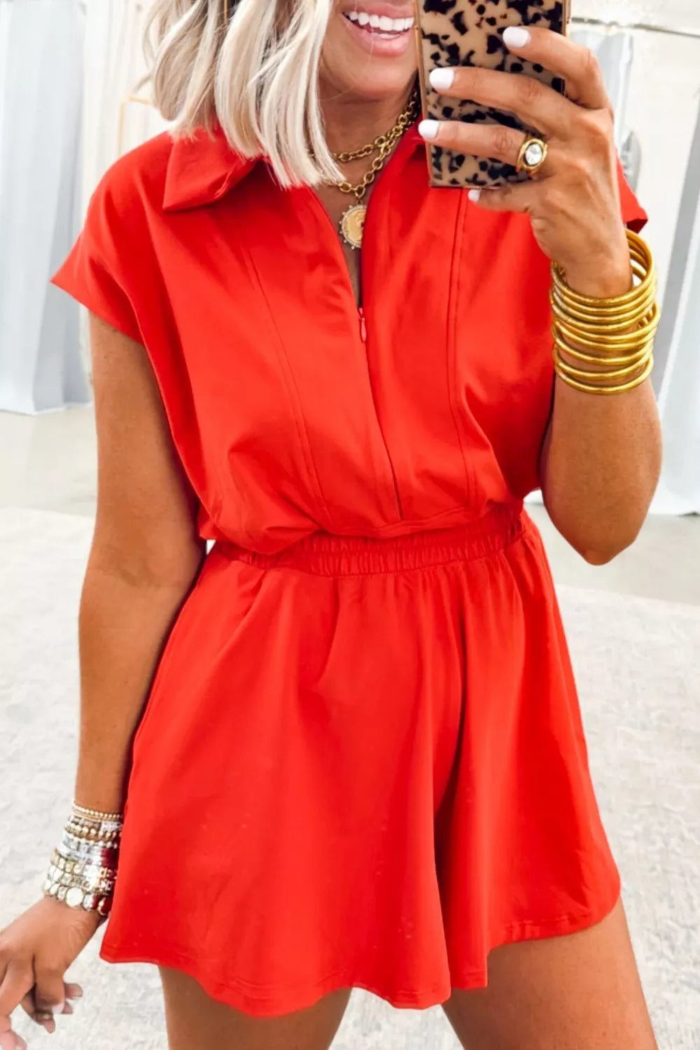 Half Zip Polo Tee Elastic Waist Romper