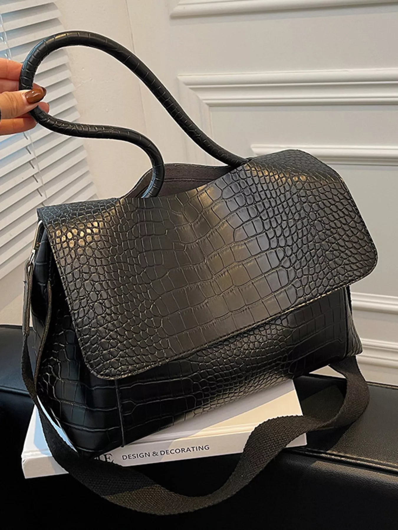 Crocodile Embossed Flap Shoulder Bag
