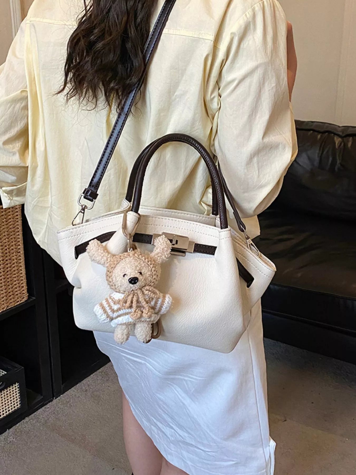 Buckle Decor Crossbody Bag with Bear Charm