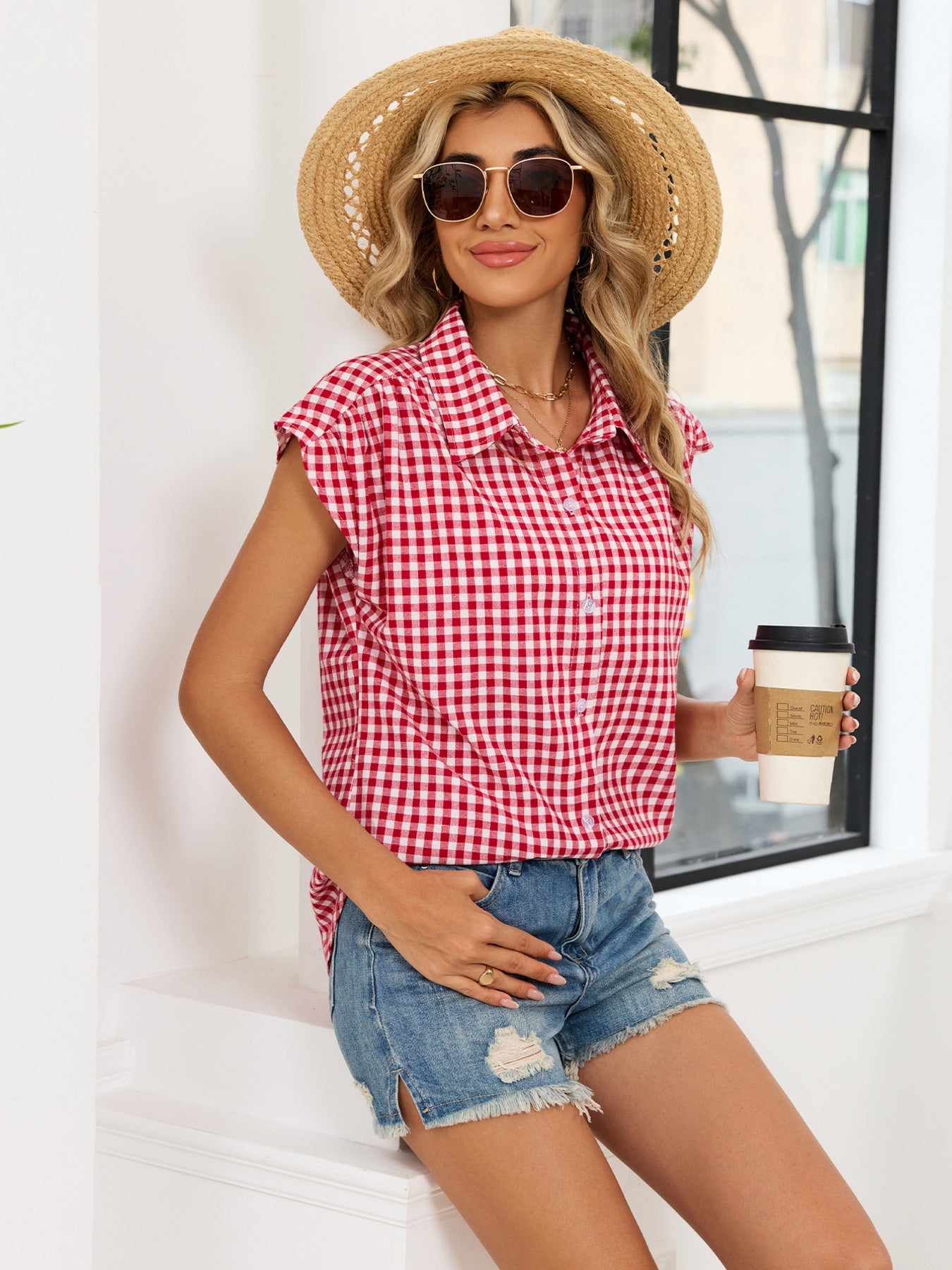 Plaid Button Up Cap Sleeve Shirt