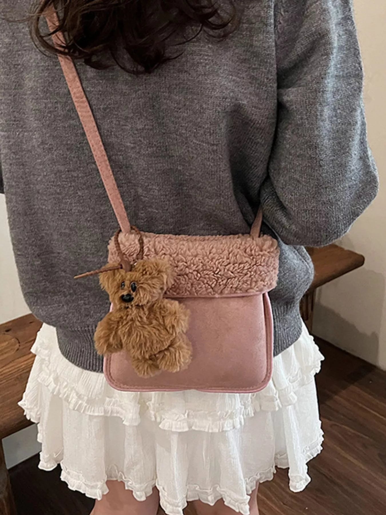 Teddy Bear Charm Plush Trim Crossbody Bag