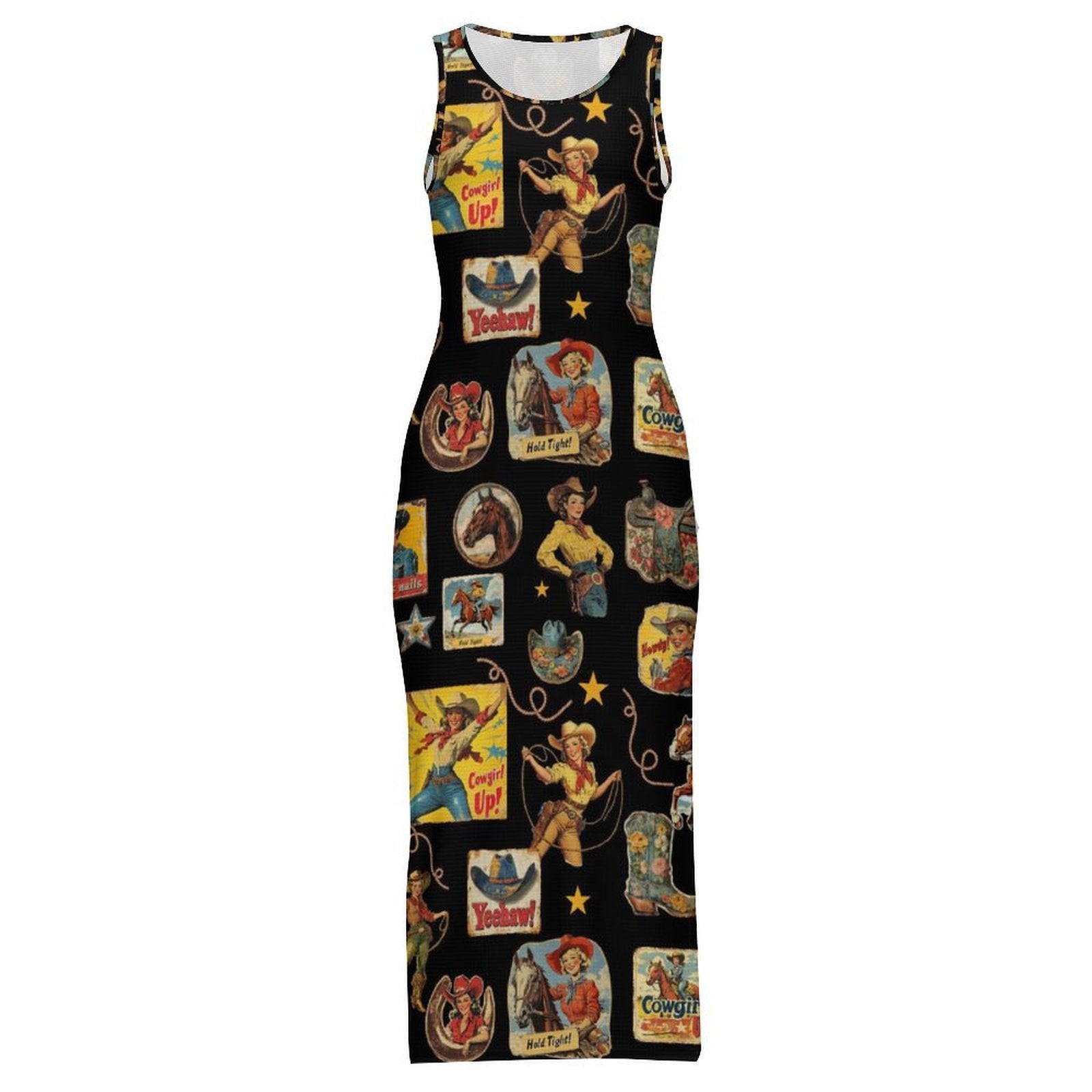 Baha Ranch Vintage Cowgirl Collage Sleeveless Bodycon Side Slit Long Dress