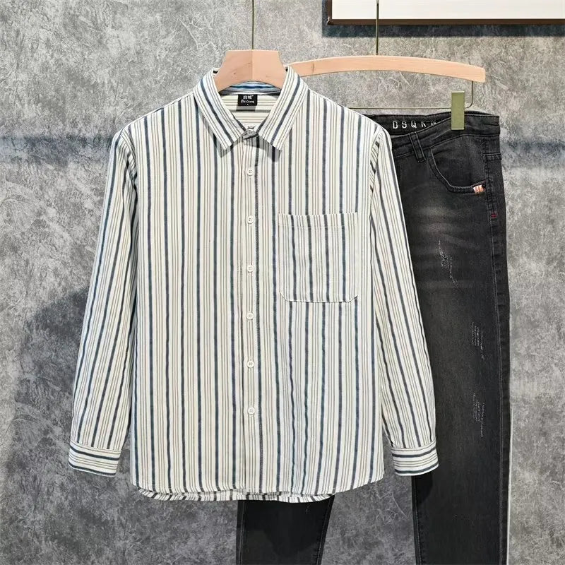 Men's Plus Size Striped Long Sleeve Button-Down Shirt