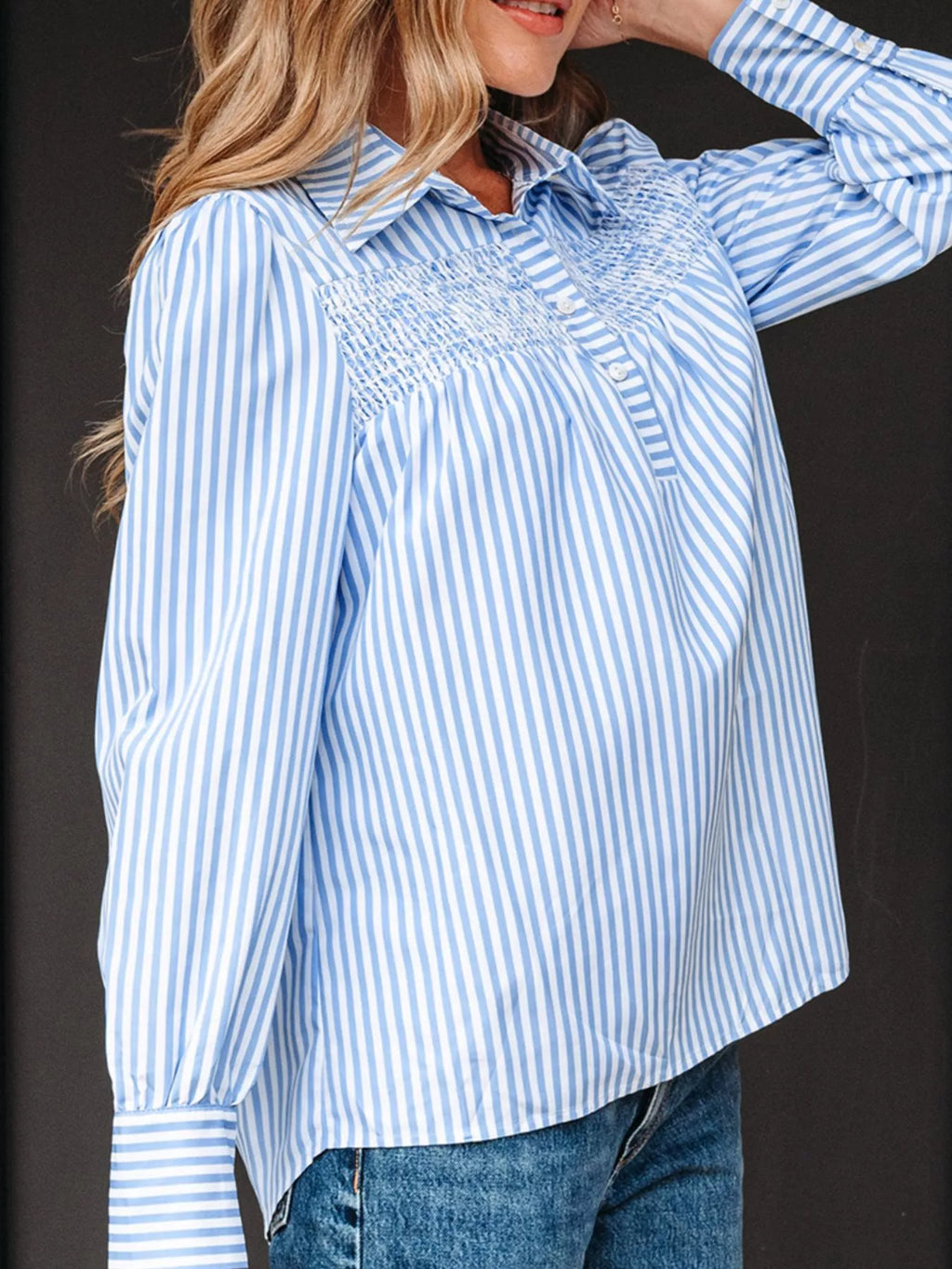 Stripe Shirred Detail Half Placket Collared Long Sleeve Shirt