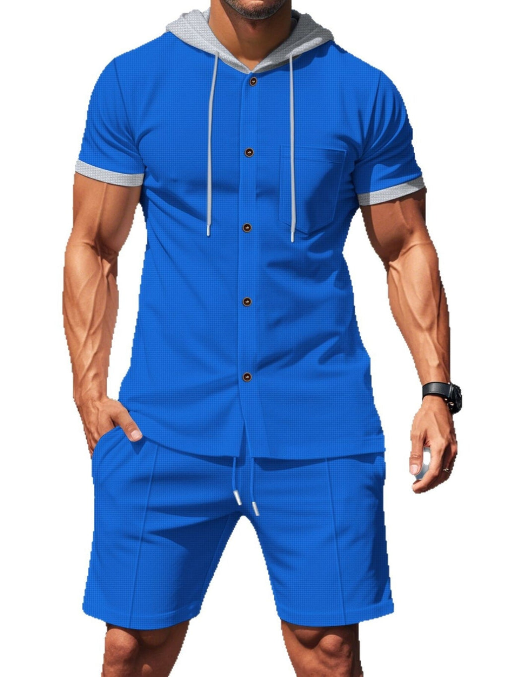 Men's Full Size Casual Hooded Top & Shorts Set Plus Size