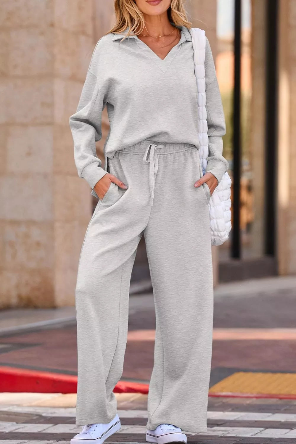 Solid Color V Neck Top and High Waist Pants Set