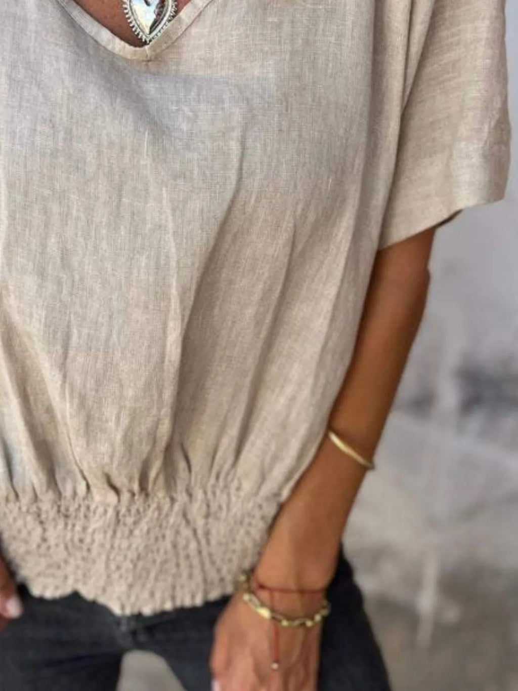 Full Size Smocked Hem V-Neck Relaxed Fit T-Shirt Plus Size