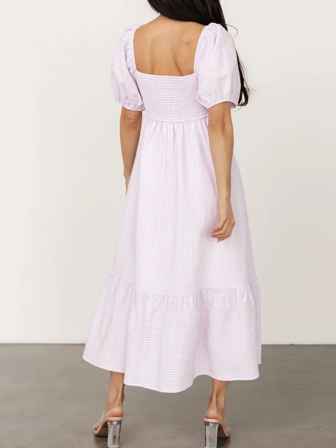 Striped Sweetheart Neck Puff Sleeve Midi Dress