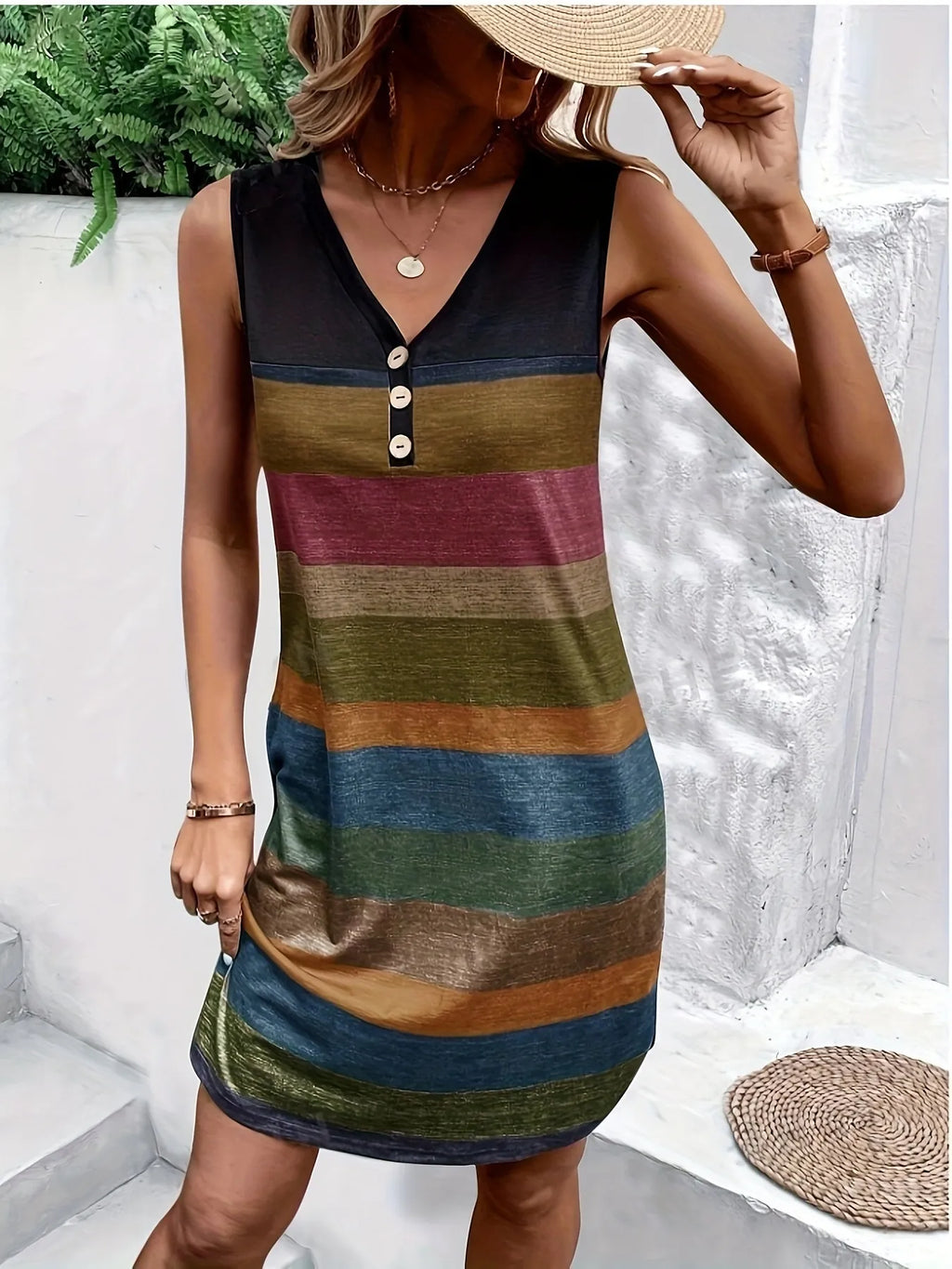 Color Block Sleeveless V-Neck Tank Dress