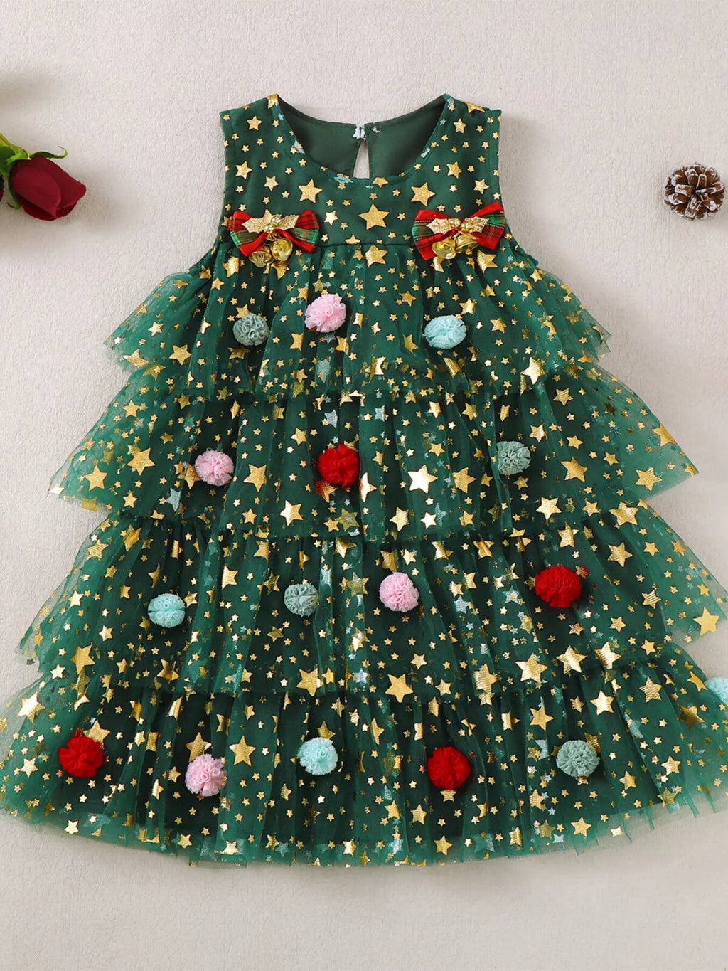 Children's Star Print Pom-Pom Embellishments Tulle Dress