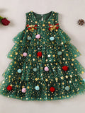 Children's Star Print Pom-Pom Embellishments Tulle Dress