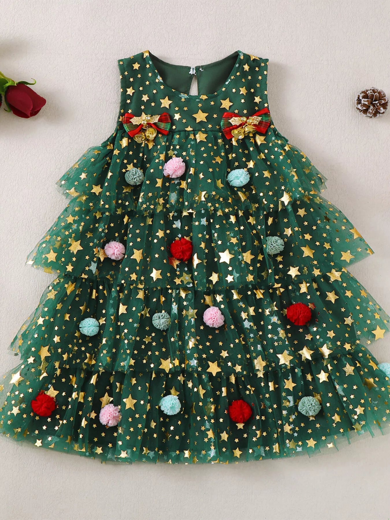 Children's Star Print Pom-Pom Embellishments Tulle Dress